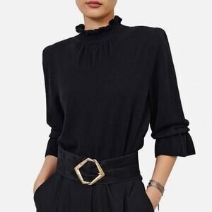 BA&SH Sinto Jumper Sweater - Black - Ruffles - Mockneck 3/4 Sleeves - Size 2 (M)